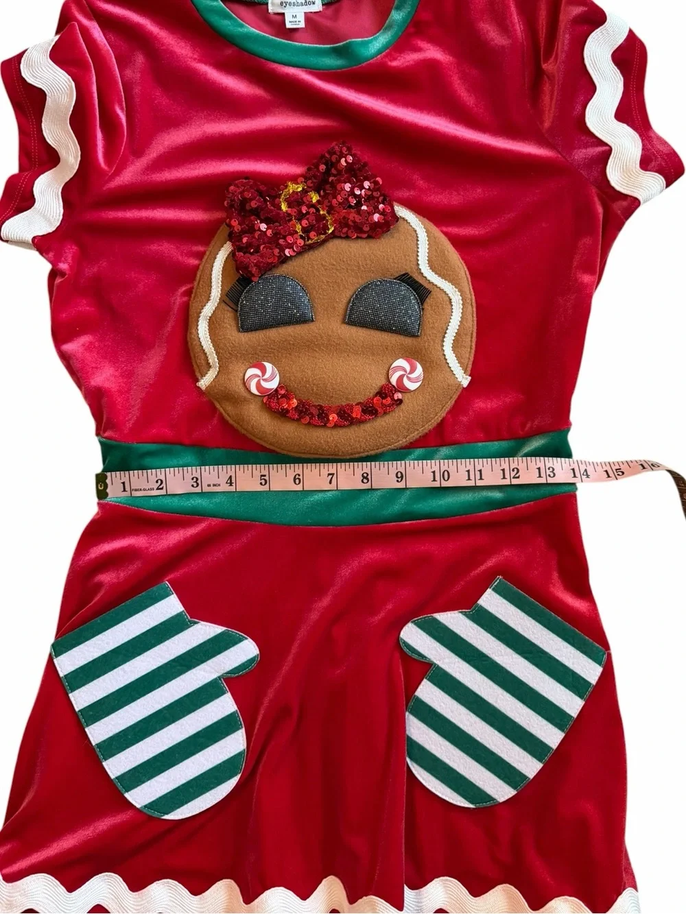 Christmas Dress- Women’s Red Gingerbread Dress Costume w/ Glittery Bow & Pocket